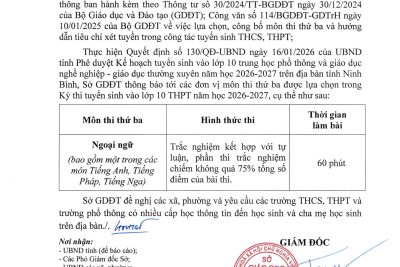 Thông báo môn thi thứ ba trong kì thi tuyển sinh lớp 10 THPT năm 2026-2027